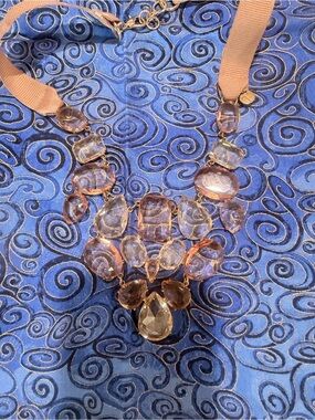 Vintage Talbots rhinestone statement bib necklace taupe grosgrain fabric ribbon